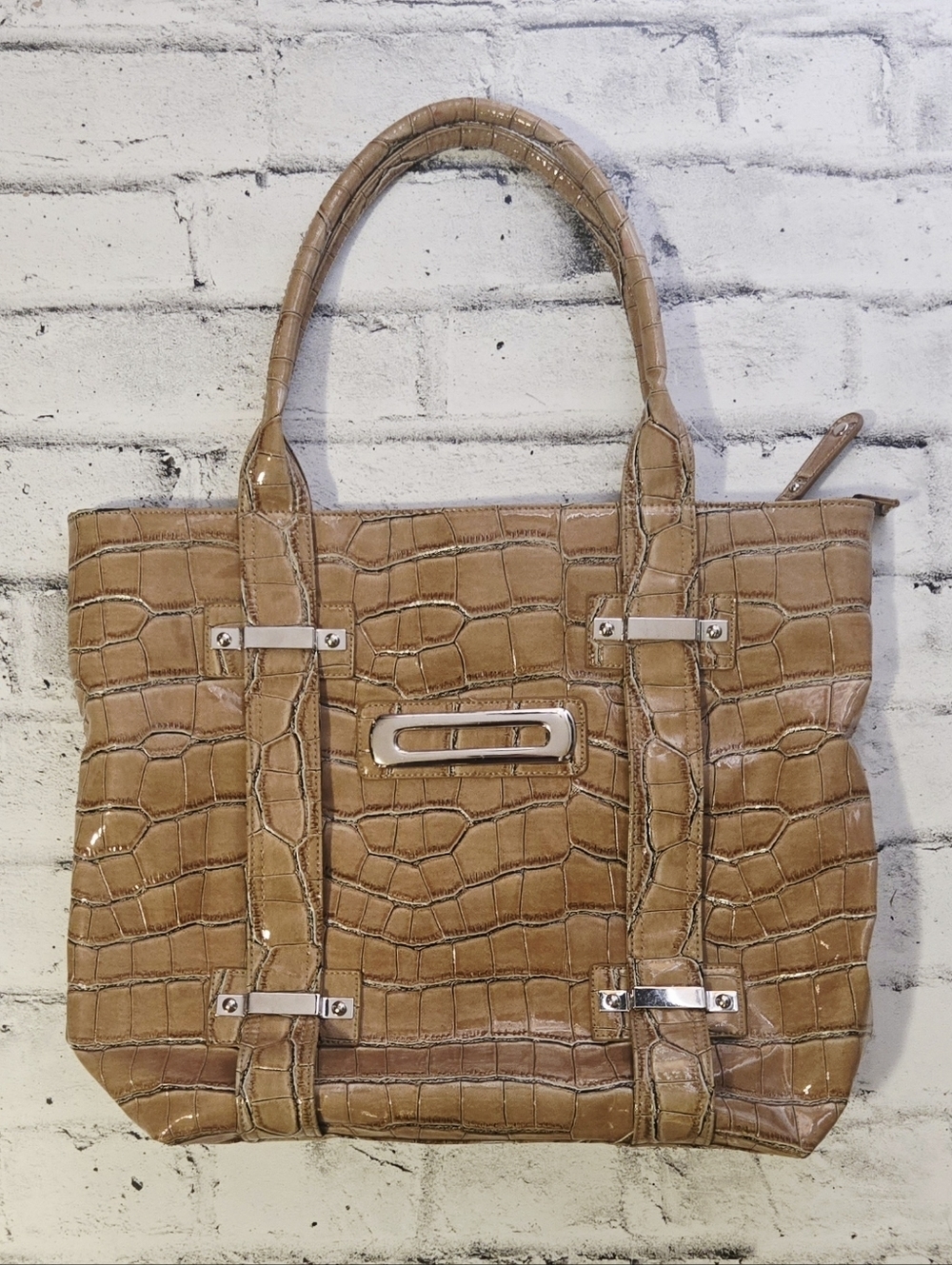 Black Label La Diva Croc Embossed Patent Tote Bag Tan Structured